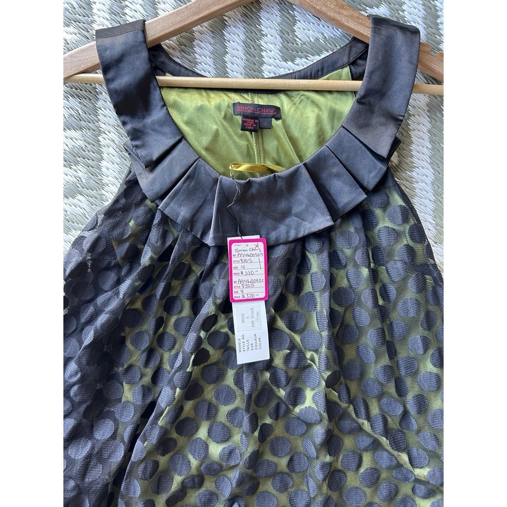 New $320 SIMON CHANG DRESS POLKA DOT MESH OVERLAY Size 4, Sleeveless, Knee Lengt